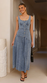 Generosa Button Front Maxi Dress - Mid Blue Denim