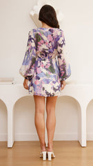 Jemma Long Sleeve Mini Dress - Purple Abstract