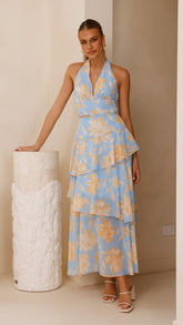 Louka Layered Maxi Dress - Blue/Yellow Floral