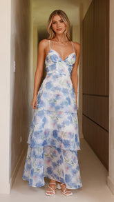 Kelli Maxi Dress - White / Blue Floral