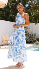 Odilie One Shoulder Maxi Dress - White/Blue Floral