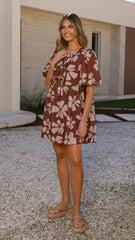 Arana Mini Dress - Brown Daylillies