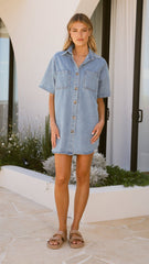 Chaney Button Up Mini Dress - Medium Denim