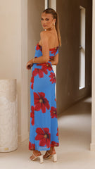 Eisa One Shoulder Maxi Dress - Blue / Red Floral