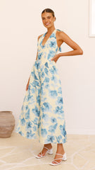 Bryony Halter Neck Maxi Dress - Yellow/Blue Floral
