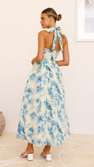 Bryony Halter Neck Maxi Dress - Yellow/Blue Floral