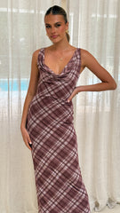 Harena Off Shoulder Maxi Dress - Brown Plaid Print