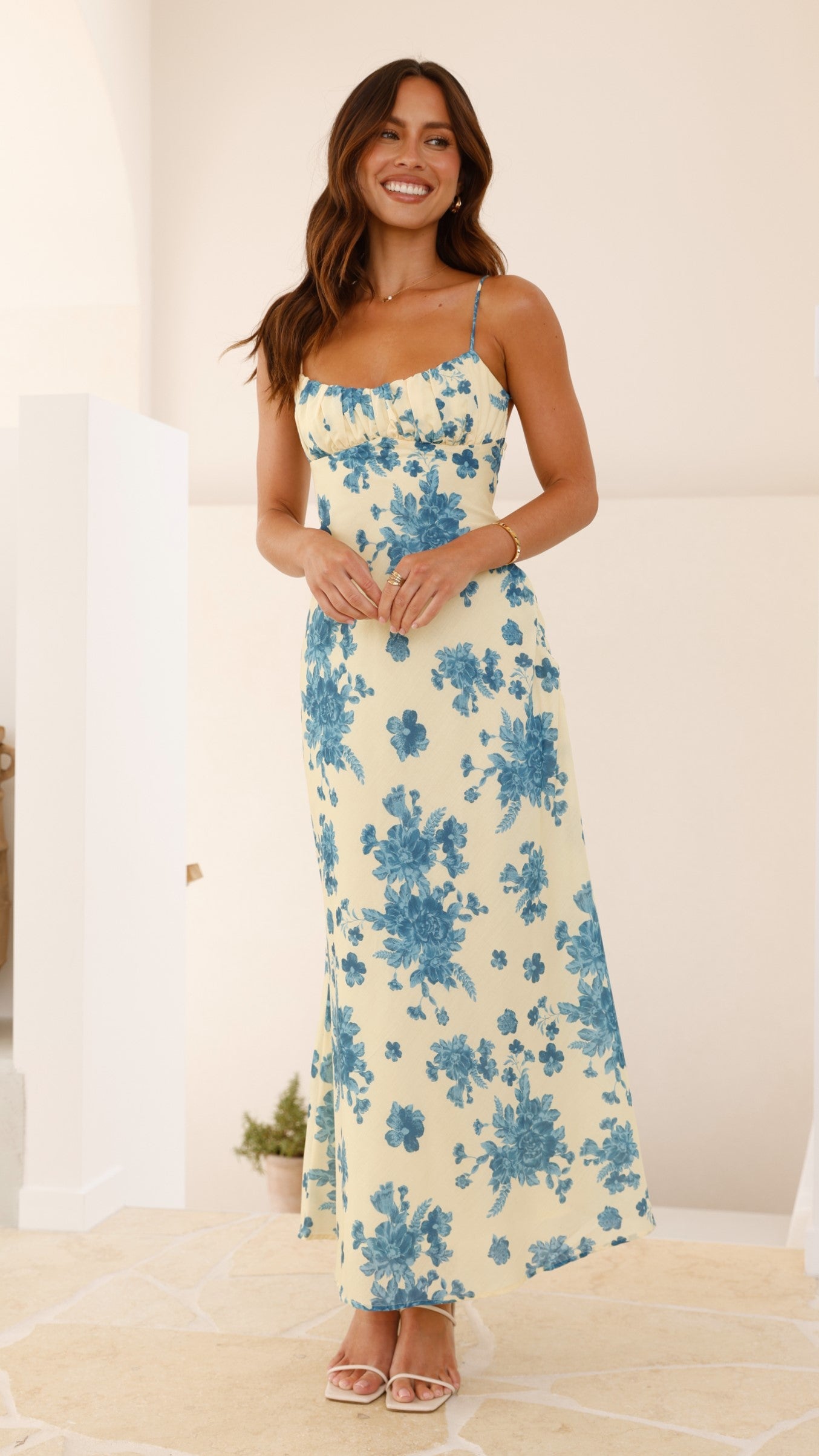 Margie Midi Dress - Yellow / Blue Floral