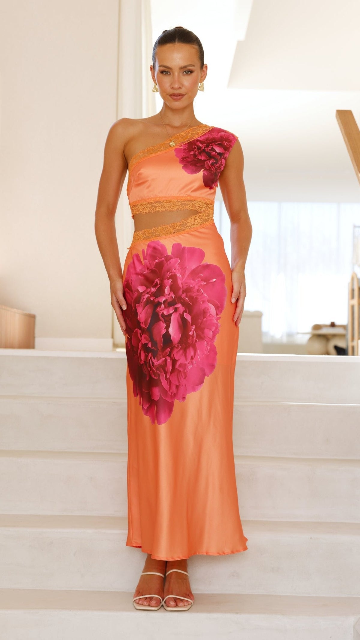 Emily One Shoulder Maxi Dress - Orange / Pink