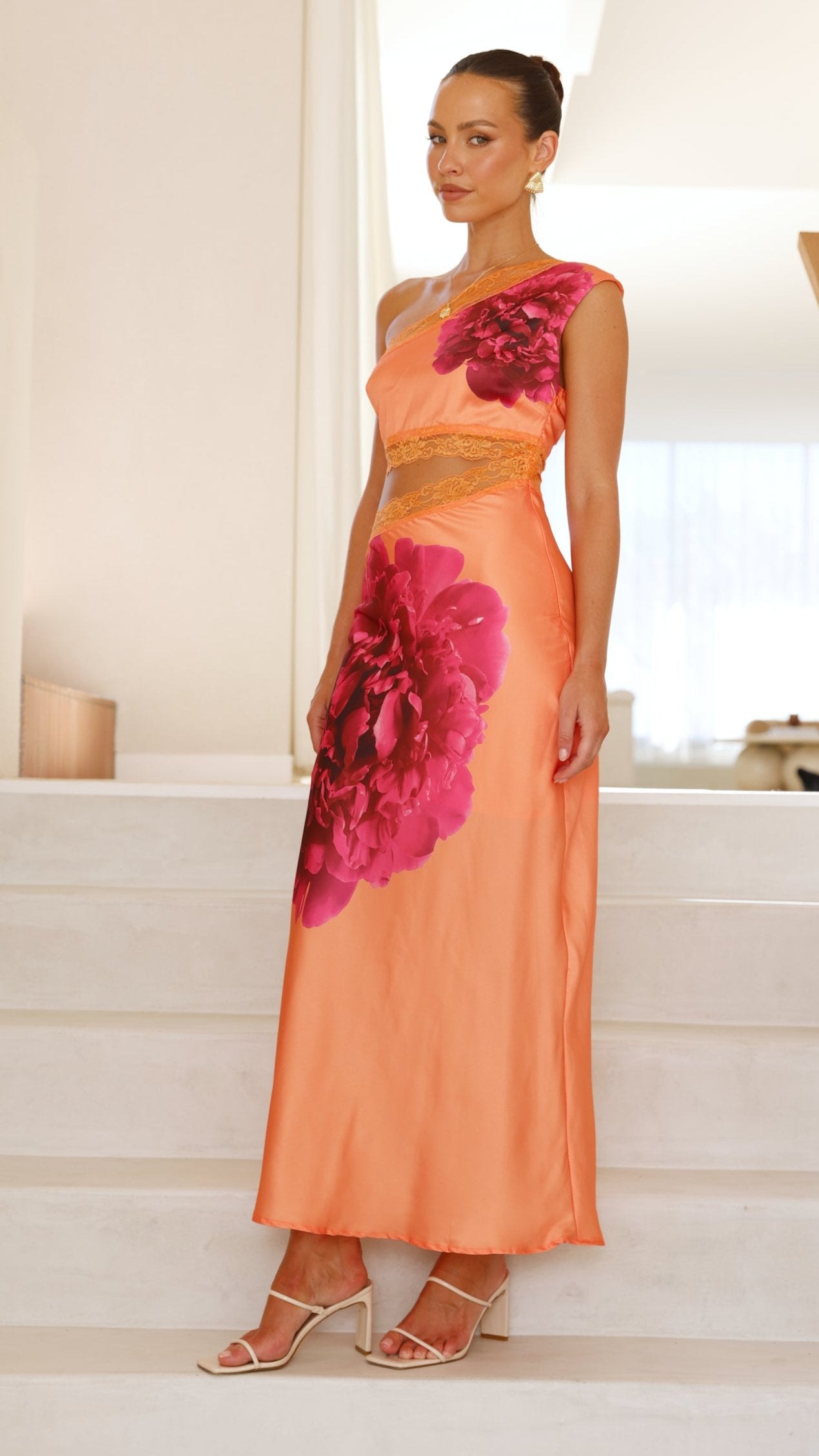 Emily One Shoulder Maxi Dress - Orange / Pink
